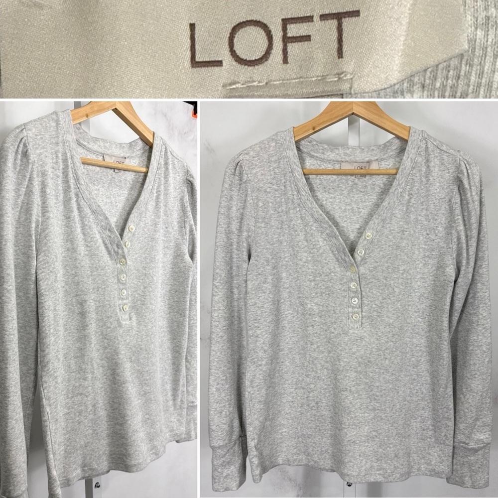 LOFT Gray Henley Sweater Women’s L Soft Ribbed Casual Long Sleeve Stretch
